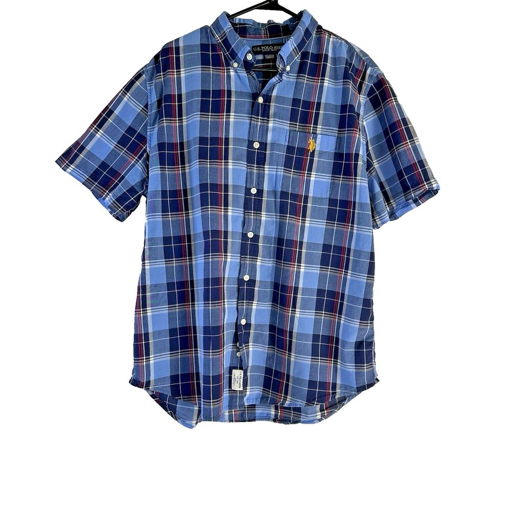 US Polo Assn. Men's Blue Plaid Button-down Short Sleeve Shirt Size XL